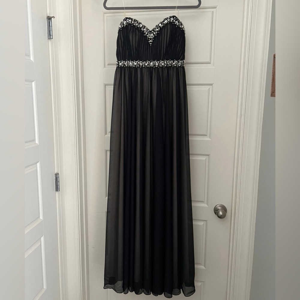 Sequin Hearts strapless formal gown with rhinestones and pearls